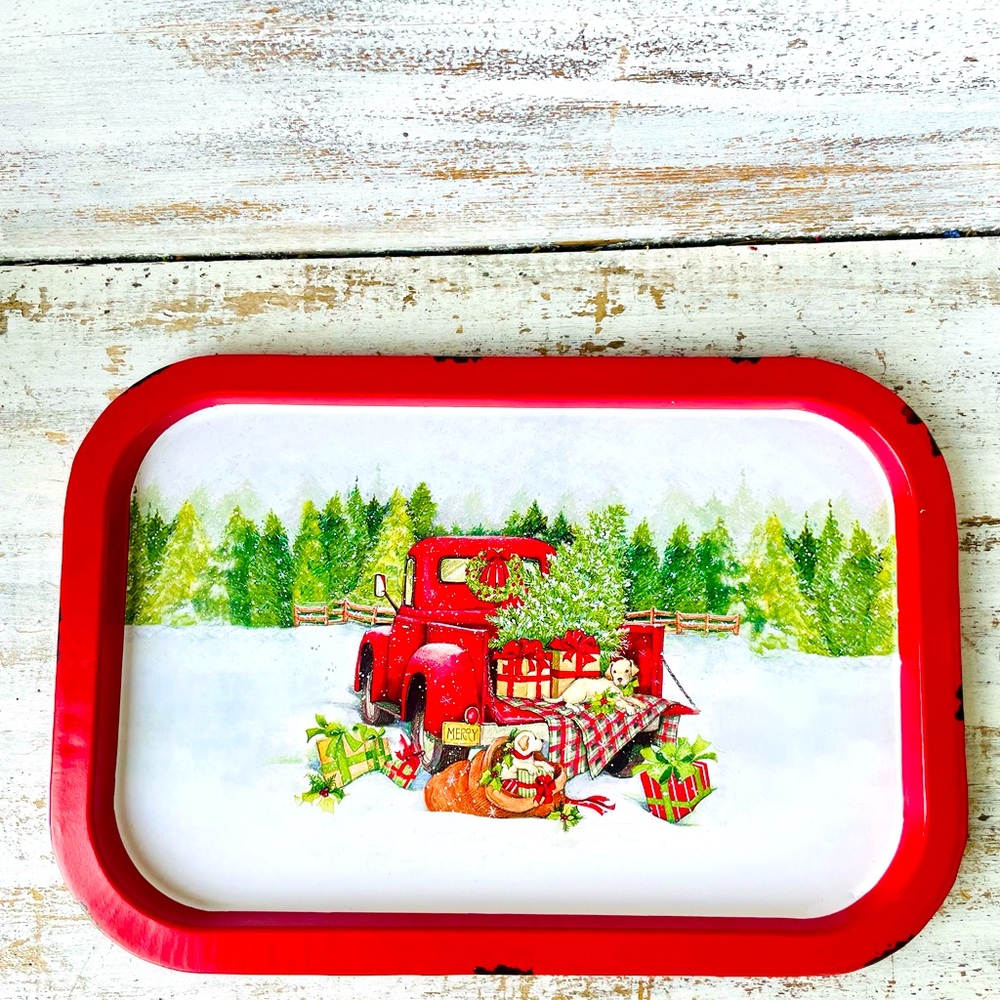 *Red Truck Metal Christmas Tray, 13.5”x9”